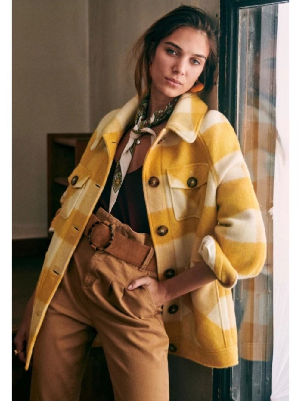 NWOT Sezane Alda plaid coat yellow tiles check oversize look SZ40 US8 bust48 in